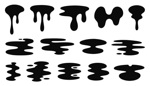 Collection of dripping paint effects and melting liquid puddle silhouettes on white background