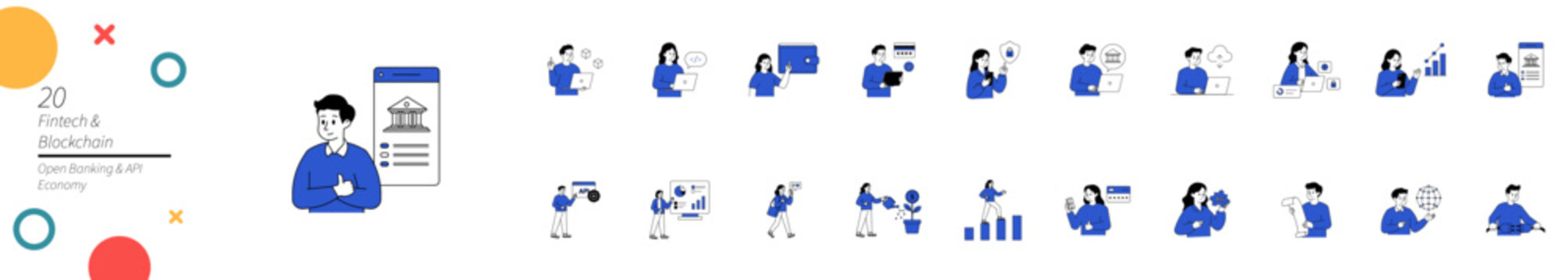 A comprehensive illustration set featuring 20 flat design characters interacting with various fintech, blockchain, open banking, and API-related concepts and technology