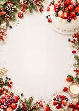 クリスマスケーキとベリーをあしらった華やかなクリスマスフレーム背景