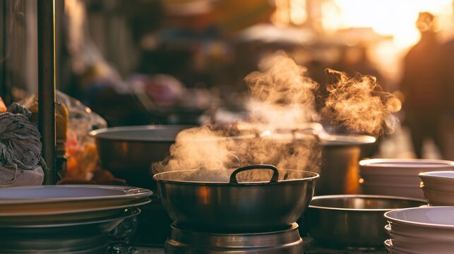 Morning street food stall steam golden hour