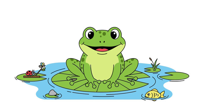 happy frog sitting on lily pad in pond