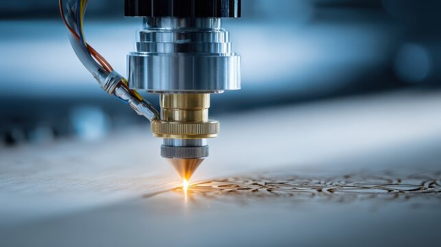 Laser cutter engraving intricate patterns on wood material. Ideal for modern manufacturing and technology.