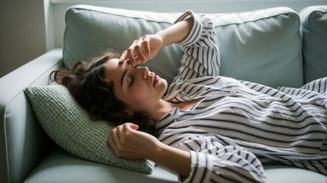 Young Woman Resting with Hand on Forehead on Sofa