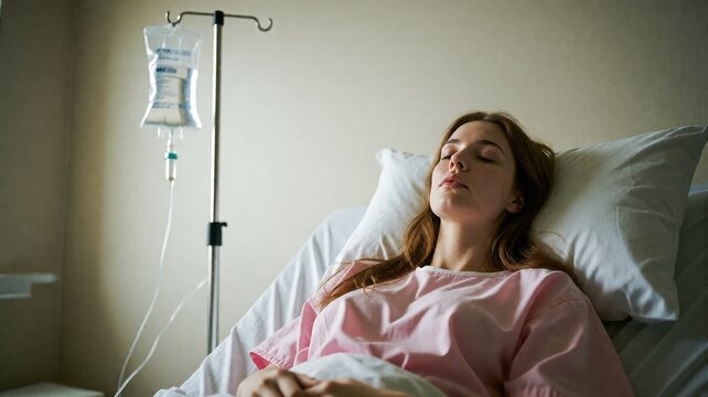 Young Woman Sleeping in Hospital Bed with IV Drip