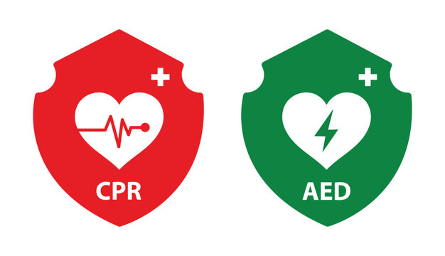 Cpr and aed shield icons with heart symbols medical emergency signage on white background cardiopulmonary resuscitation automated external defibrillator healthcare