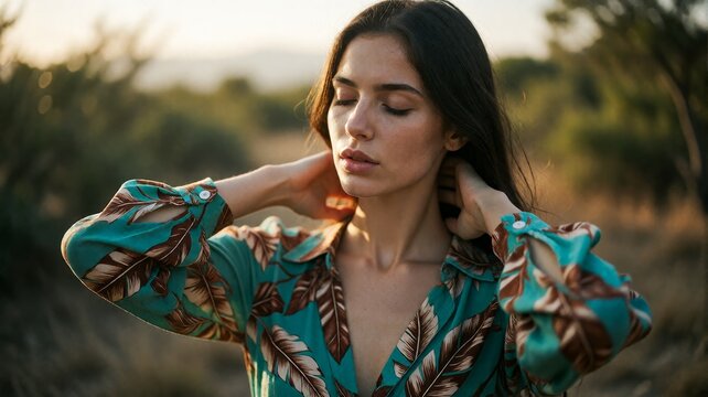 Young Woman With Eyes Closed Relaxing at Golden Hour