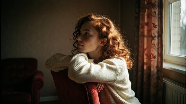 Young Woman with Red Curly Hair Resting Thoughtfully by Window