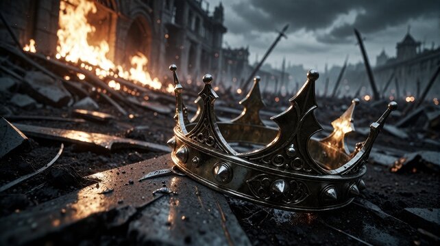 Abandoned Golden Crown Amidst War-Torn Battlefield Ruins