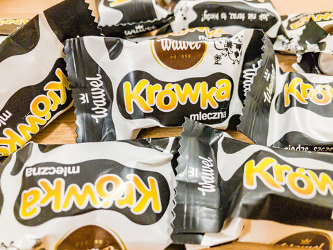 Traditional Polish milk fudge candies Krowka mleczna produced by Wawel confectionery brand.
