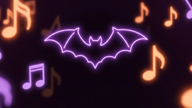 Neon Bat Icon Floating With Musical Notes For A Spooky Halloween Promo Video Background Animation