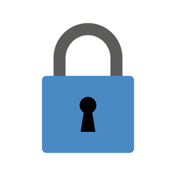 Blue padlock with keyhole and grey arch on white background representing security and protection.