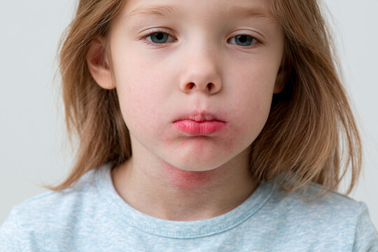 close up of allergic reaction rash on child's face on plain light gray background