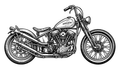 Chopper Motorcycle Hand Drawn Vector Illustration with Detailed Engraving Sketch Style Custom Bobber Bike Design © AkHl