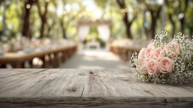 Rustic wooden table with a wedding bouquet in an outdoor garden venue. Ideal for wedding mockups and event.