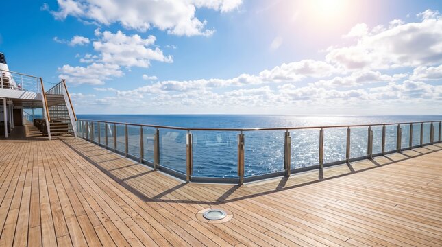 Sunlit wooden deck overlooking expansive blue ocean horizon from large vessel outdoor observation area deck with metal railing overlooking ocean under bright