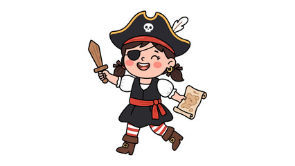 Young pirate girl with treasure map and sword, joyful expression, wearing pirate hat, eye patch, and striped stockings.
