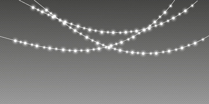 Realistic Christmas Garland Lights PNG Transparent Warm White Hanging Light Overlay.