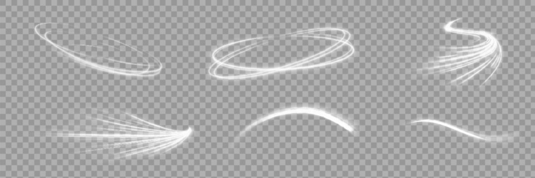 Glowing white speed lines. Abstract traffic lines on the road. Light dust trail wave, fire path trace line, car headlights, optical fiber and filament curve swirl png.