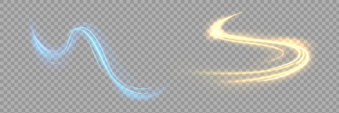 Glowing blue and gold speed lines. Abstract traffic lines on the road. Light dust trail wave, fire path trace line, car headlights, optical fiber and filament curve swirl png.