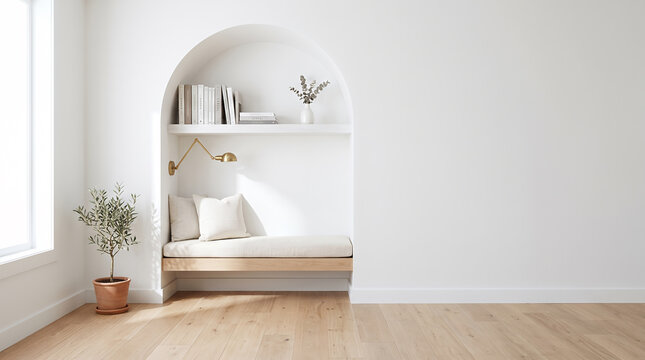 Minimalist reading nook with arched alcove and brass wall sconce