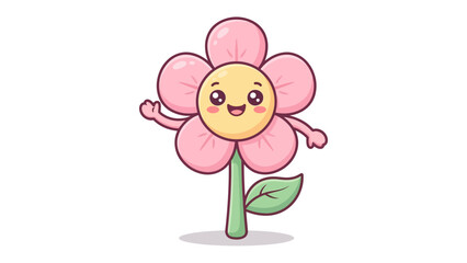 Cute Flower Waving Hello: An adorable cartoon flower with a cheerful expression and pink petals waves hello, embodying simplicity and delight.