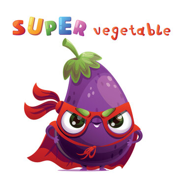 Cute eggplant vegetable character dressed as a superhero standing in a heroic pose with a mask and a flowing cape. Bright playful headline in a colorful kids style is placed above the character. Fun