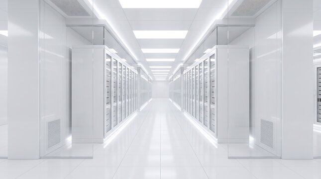 Pristine white minimalist server room aisle in a modern data center with datacenter minimalist technology interior perspective