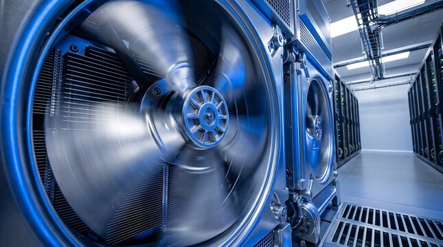 Industrial cooling fan in a high performance server room data center with datacenter hardware technology industrial mechanical