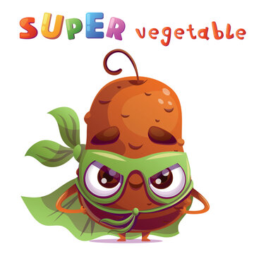 Cute potato vegetable character dressed as a superhero standing in a heroic pose with a mask and a flowing cape. Bright playful headline in a colorful kids style is placed above the character. Fun
