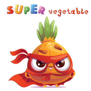 Cute Onion vegetable character dressed as a superhero standing in a heroic pose with a mask and a flowing cape. Bright playful headline in a colorful kids style is placed above the character. Fun