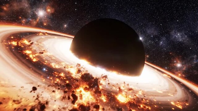 A massive dark celestial body encounters a violent gravitational collapse while orbiting golden debris rings inside a vast cosmic void filled with shimmering starlight and intense fire across