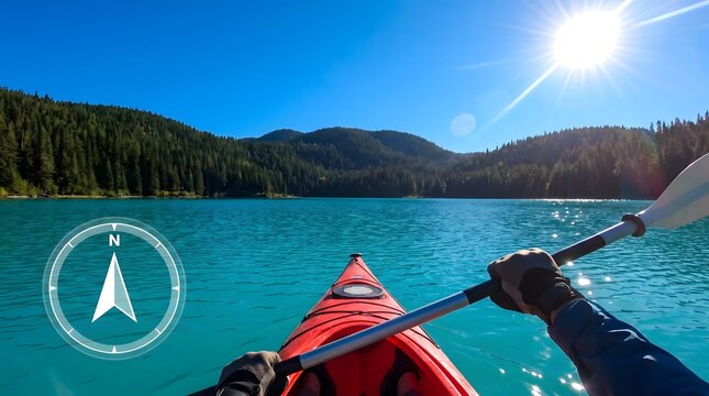 First-person perspective view of kayaking on a pristine turquoise mountain lake surrounded by dense green pine forests during a bright sunny day. Features a stylish digital compass overlay element. 