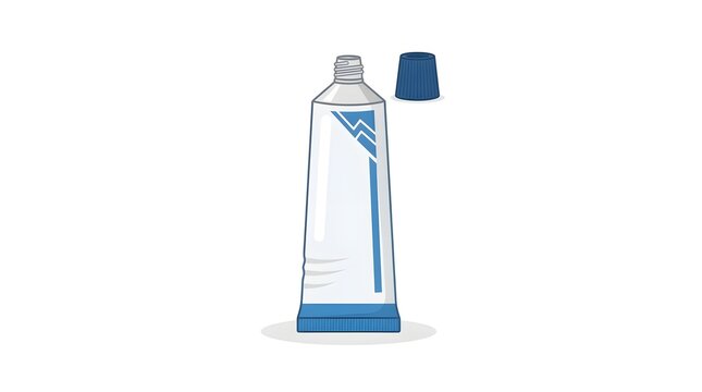 A classic white and blue toothpaste tube with the cap off, ready for use, isolated on a white background. Perfect for dental care and daily routine designs.