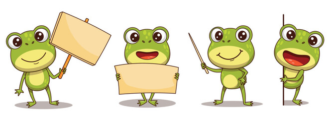 Cute green frog cartoon character with bold outline in four useful design poses. The collection includes a frog holding a sign on a stick with copy space, a frog holding a blank poster with both hands © EnyaLis
