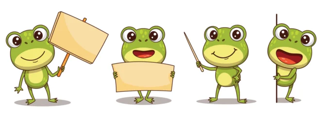 Cute green frog cartoon character with bold outline in four useful design poses. The collection includes a frog holding a sign on a stick with copy space, a frog holding a blank poster with both hands © EnyaLis