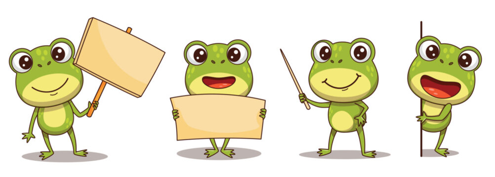 Cute green frog cartoon character with bold outline in four useful design poses. The collection includes a frog holding a sign on a stick with copy space, a frog holding a blank poster with both hands