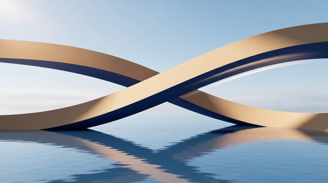 Abstract 3d rendering of a golden infinity loop structure floating above a calm water surface against a clear blue sky, representing connection and eternity