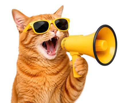 Cat with Megaphone, Funny Sale Announcement, Humorous Discount Promo, Cute Animal Marketing, Loud Deal Mascot