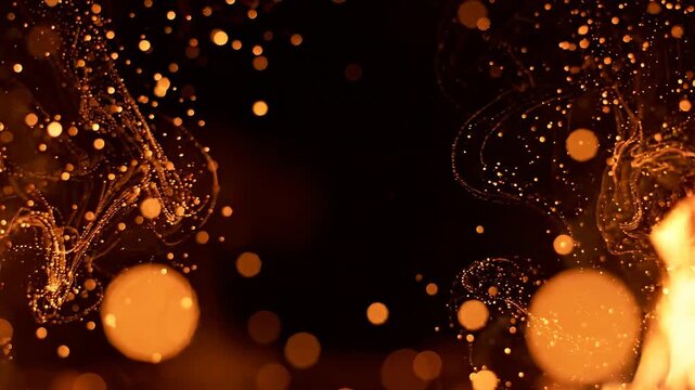 Drifting Amber Glowing Particles in Warm Fire Lighting for Cozy Cinematic Atmospheres and Holiday Concepts