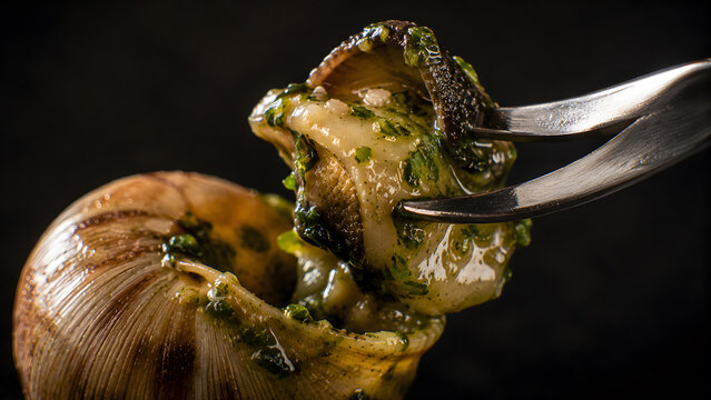 Cooked escargot served with garlic herb butter on a fork for gourmet French cuisine presentation