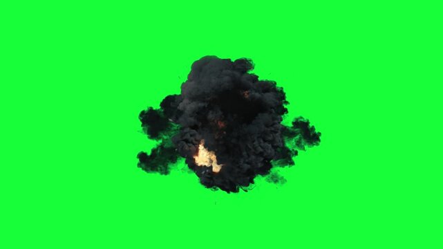 Explosion of black smoke with bright fire embers erupts against a vibrant green screen background.