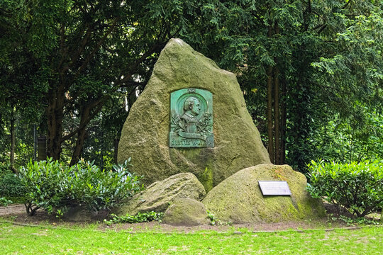 Osnabruck, Germany. Monument to the German composer Justus Wilhelm Lyra. The monument was created in 1905. The bronze plaque with the relief portrait of the composer was made by Rudolf Wulfertange.