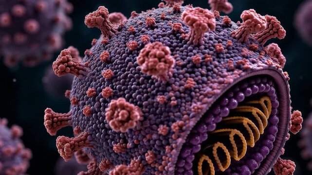 Detailed Virus Particle With Visible Genetic Material &mdash; A microscopic 3D cutaway shows a viral envelope, surface proteins and coiled RNA in a scientific animation.