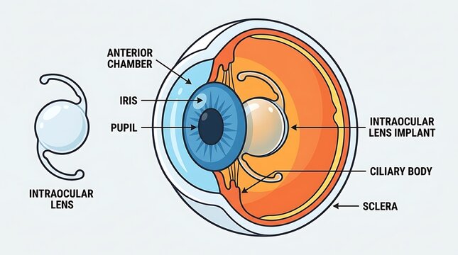 Cross section illustration of human eye with intraocular lens implant, cataract