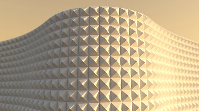 Abstract architectural background with a wavy wall made of repeating pyramid shapes, 3d render of a modern building facade with soft golden sunset lighting