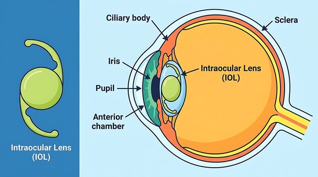 Anatomical view of human eye with intraocular lens implant procedure, cataract
