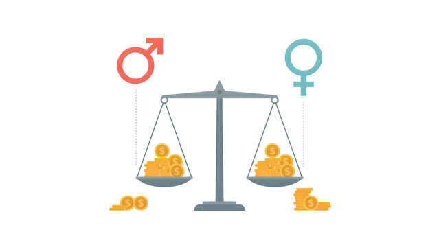 Conceptual illustration of international equal pay day featuring gender symbols and money scales isolated on transparent background