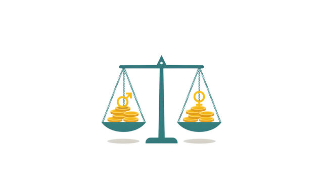Scales of justice with male and female gender symbols and coins for international equal pay day isolated on transparent background