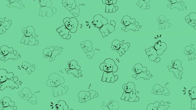Cute poodle dog doodle seamless loop pattern with playful, sleeping and jumping poses on green background. Hand-drawn line art motion.