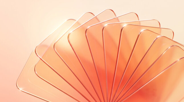 Abstract background with translucent overlapping rectangular glass plates in shades of peach and orange, creating a fanlike pattern with soft light reflections and gradients
